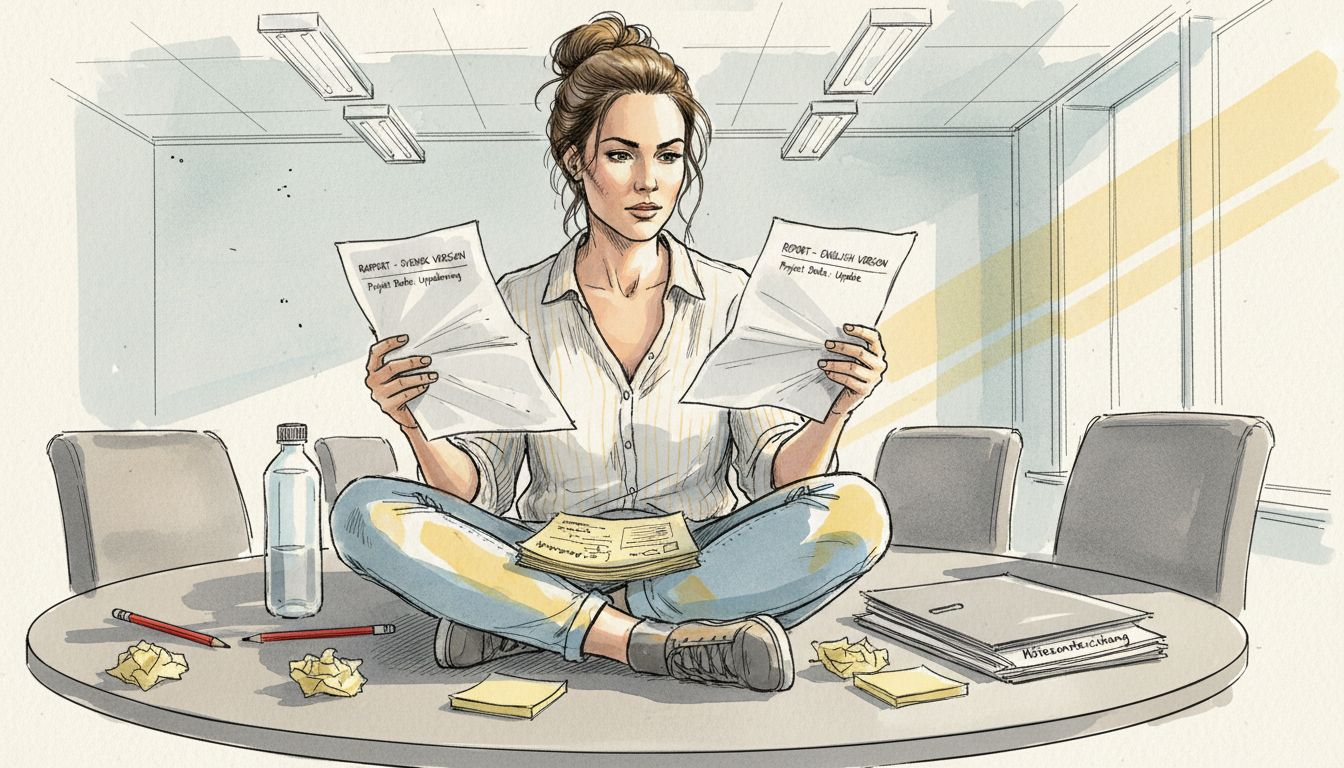 Översättare som granskar och jämför tekniska dokument på två språk