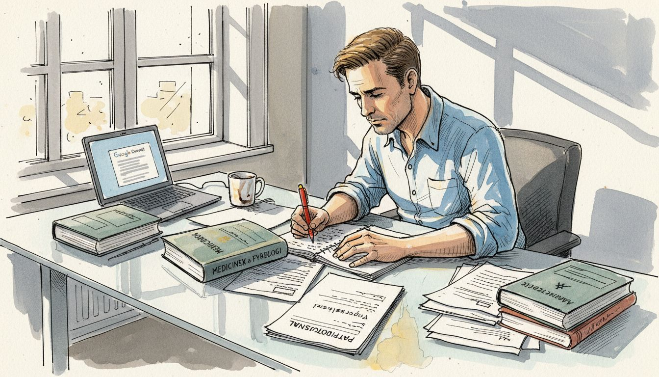 Medicinsk oversætter omgivet af bunker af papirer ved et rodet skrivebord