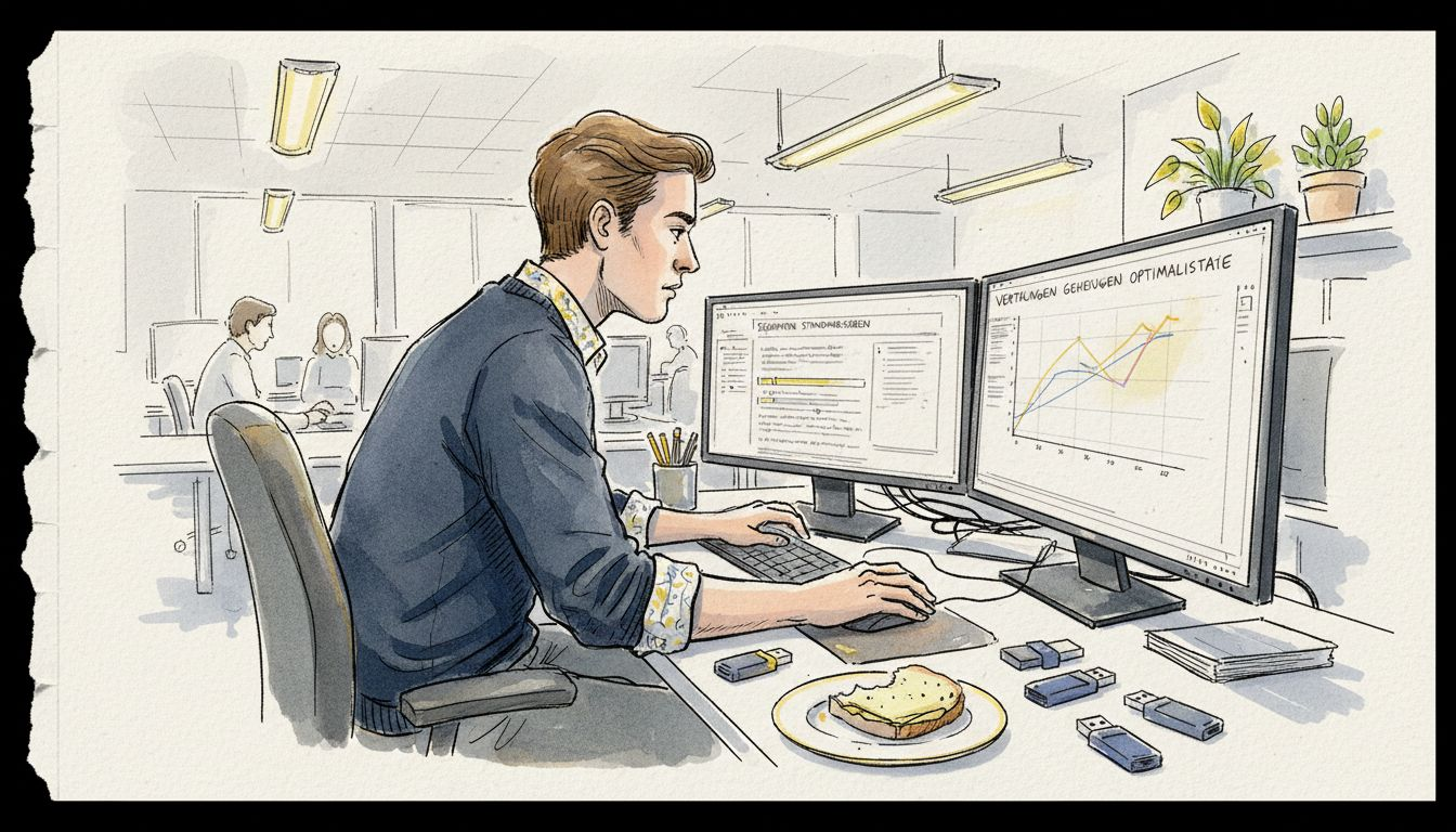 Een vertaler werkt achter zijn bureau aan het bijwerken van de terminologiedatabase.