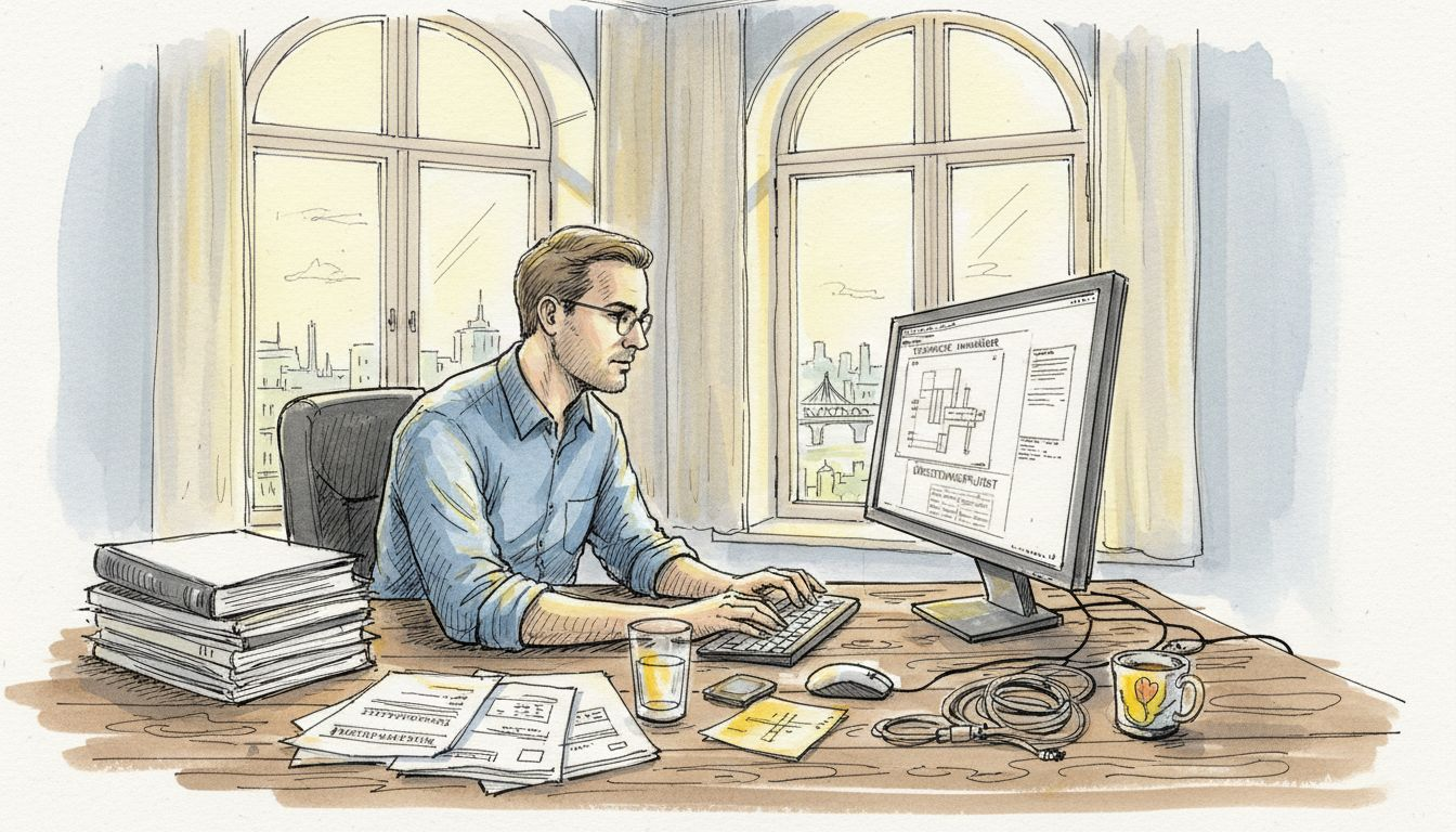 Ein Übersetzer arbeitet konzentriert in einem hellen, modern eingerichteten Büro.