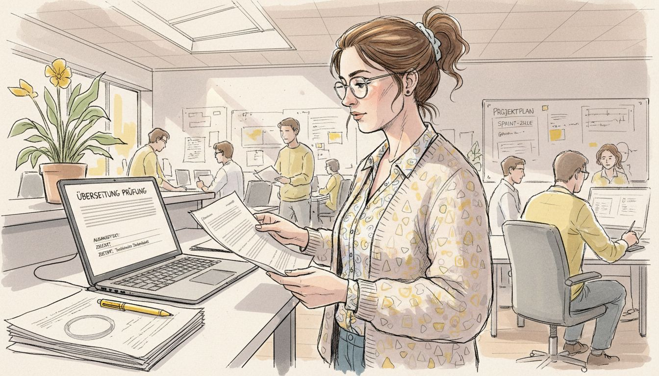 Fachmann prüft und vergleicht Ausdrucke technischer Übersetzungen