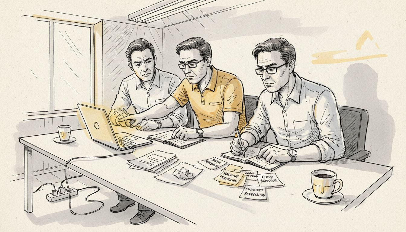 Het IT-team overlegt samen over hoe ze de gegevens van het bedrijf veilig kunnen houden.