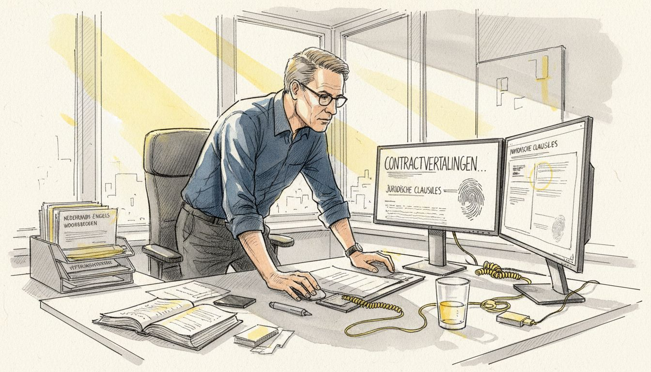 In een lichte, moderne kantoorruimte bekijkt de projectmanager nauwkeurig de vertalingen.