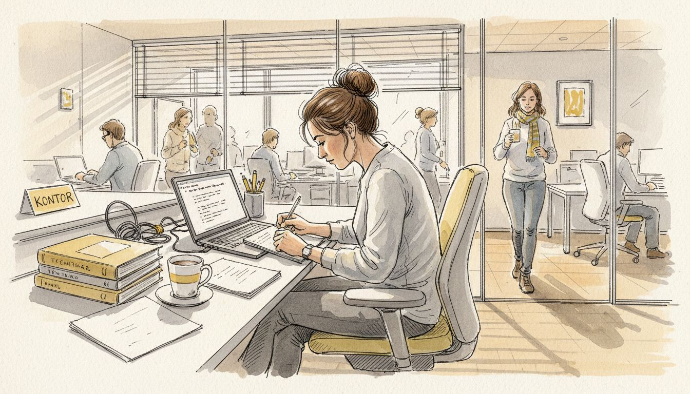 En medarbejder gennemgår oversættelser på et travlt kontor