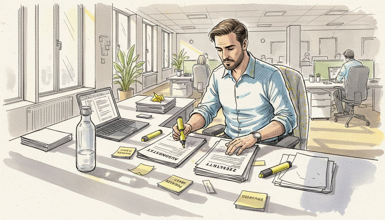 Fachkraft für Übersetzungen prüft gedruckte Unterlagen auf Genauigkeit und Qualität.