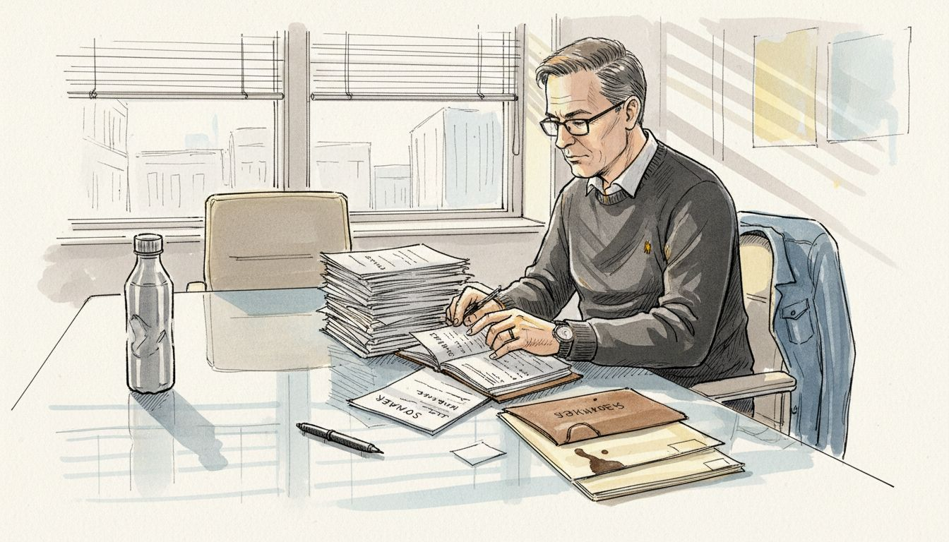 En mann sitter ved bordet og går nøye gjennom CV-er fra oversettere.