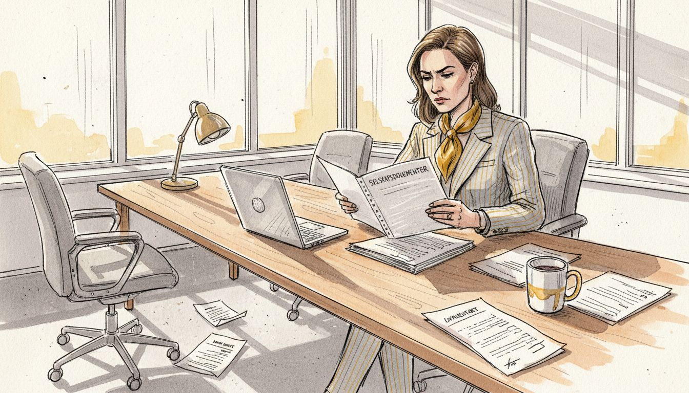 En fagperson som går nøye gjennom dokumenter på et lyst og trivelig kontor.