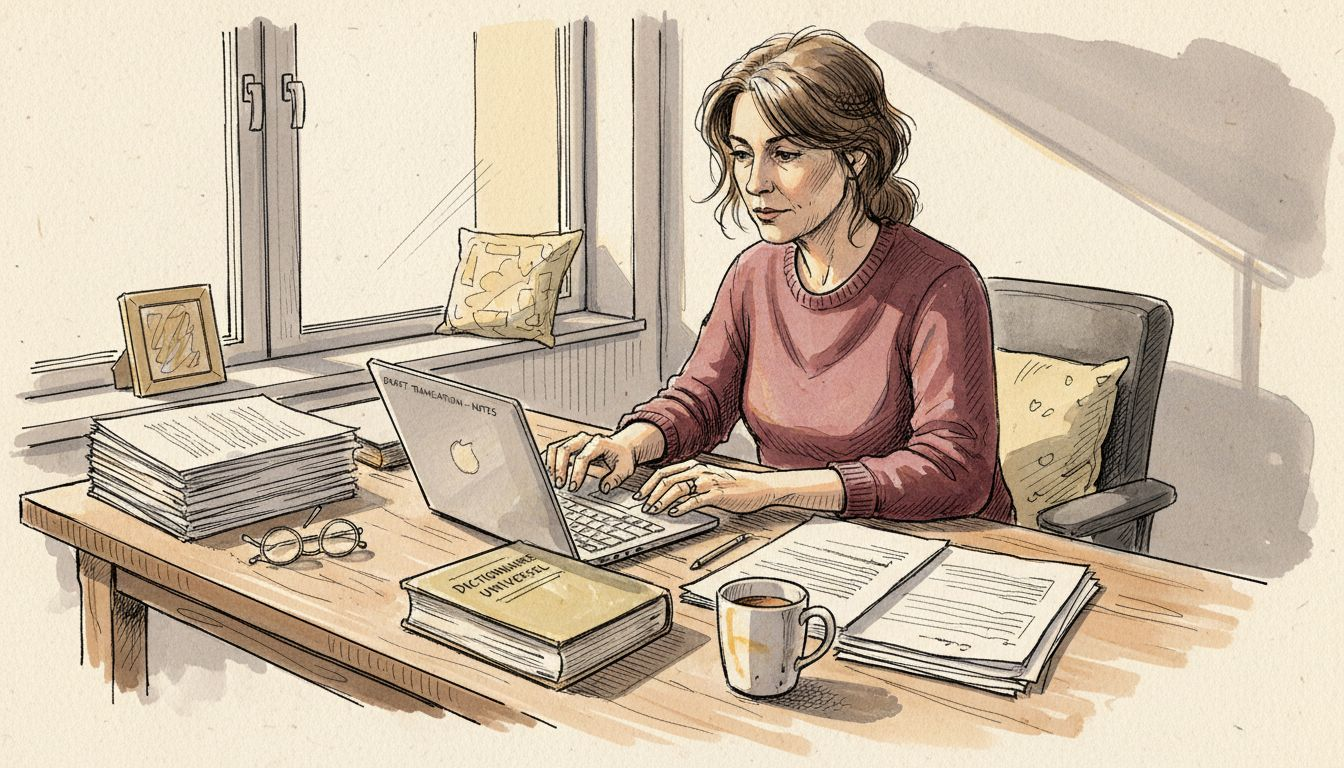 Translator reviewing documents at office desk