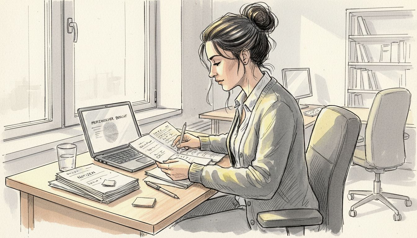 Eine medizinische Übersetzerin prüft Unterlagen in einem hellen Büro.