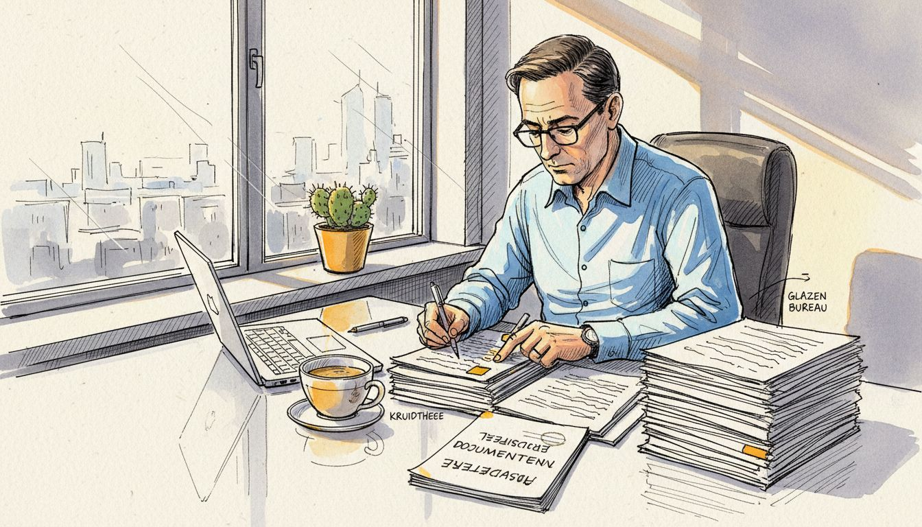 Een medisch taalkundige verdiept zich aan zijn bureau in allerlei dossiers en papieren.