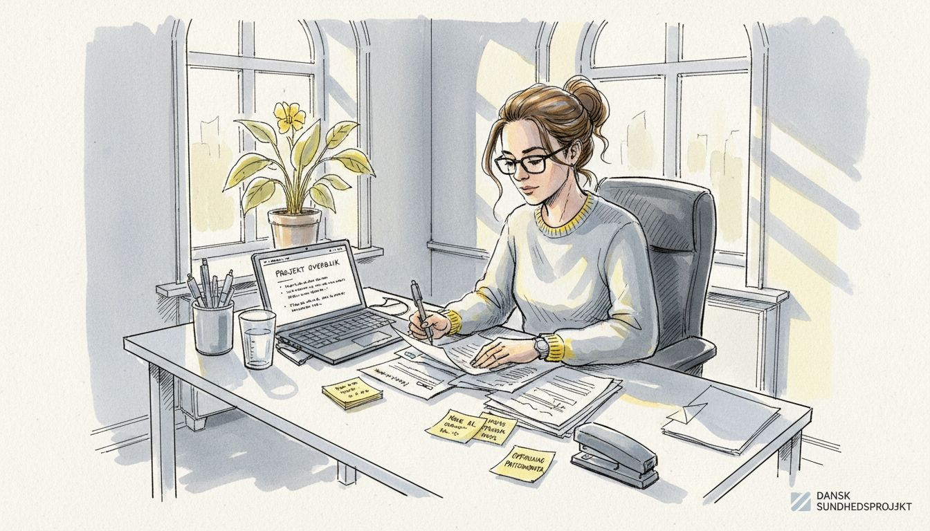 En leder gennemgår lægepapirer ved sit lyse skrivebord på kontoret.