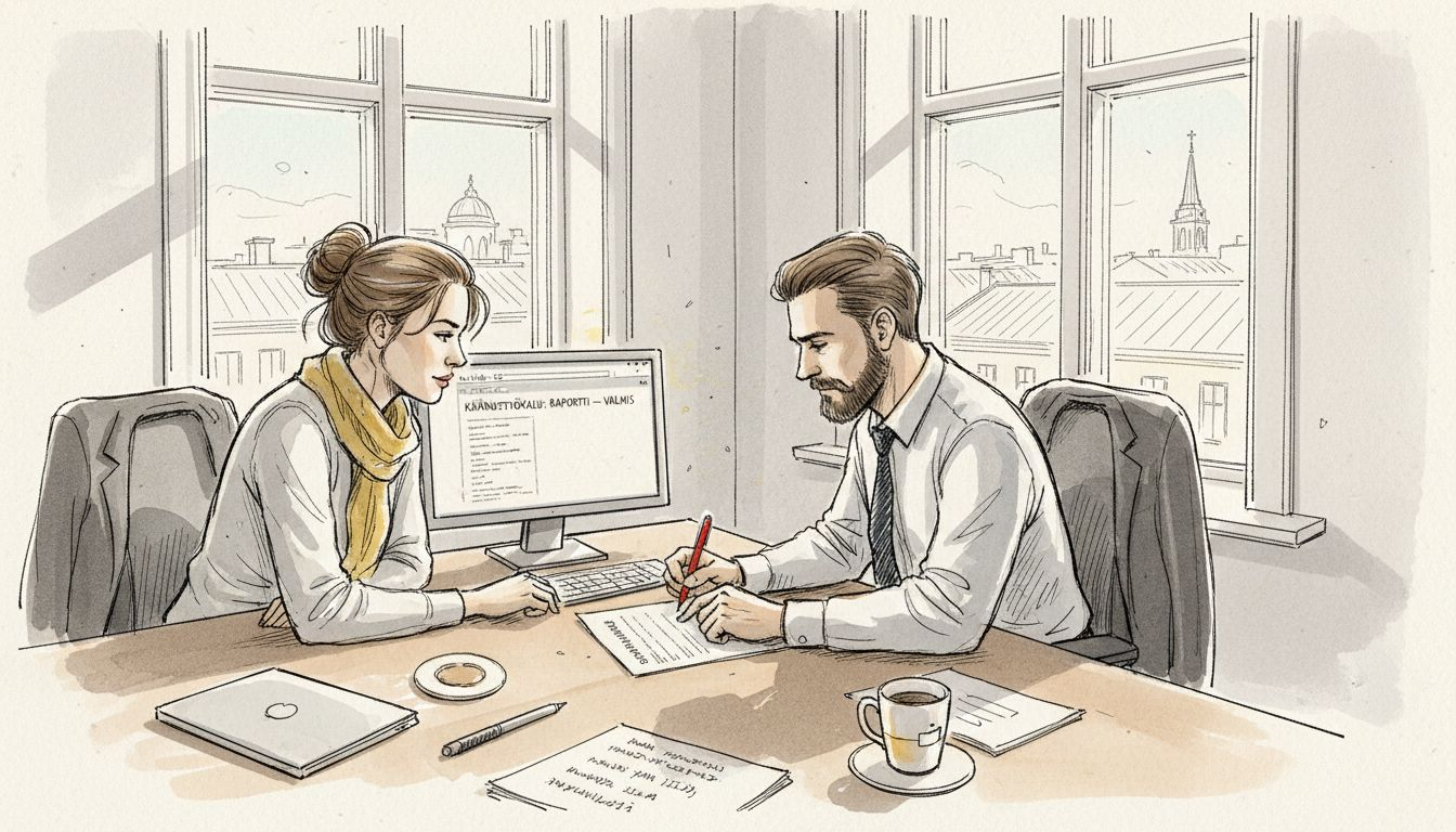 Asiantuntijat käyvät käännösasiakirjat yhdessä läpi.