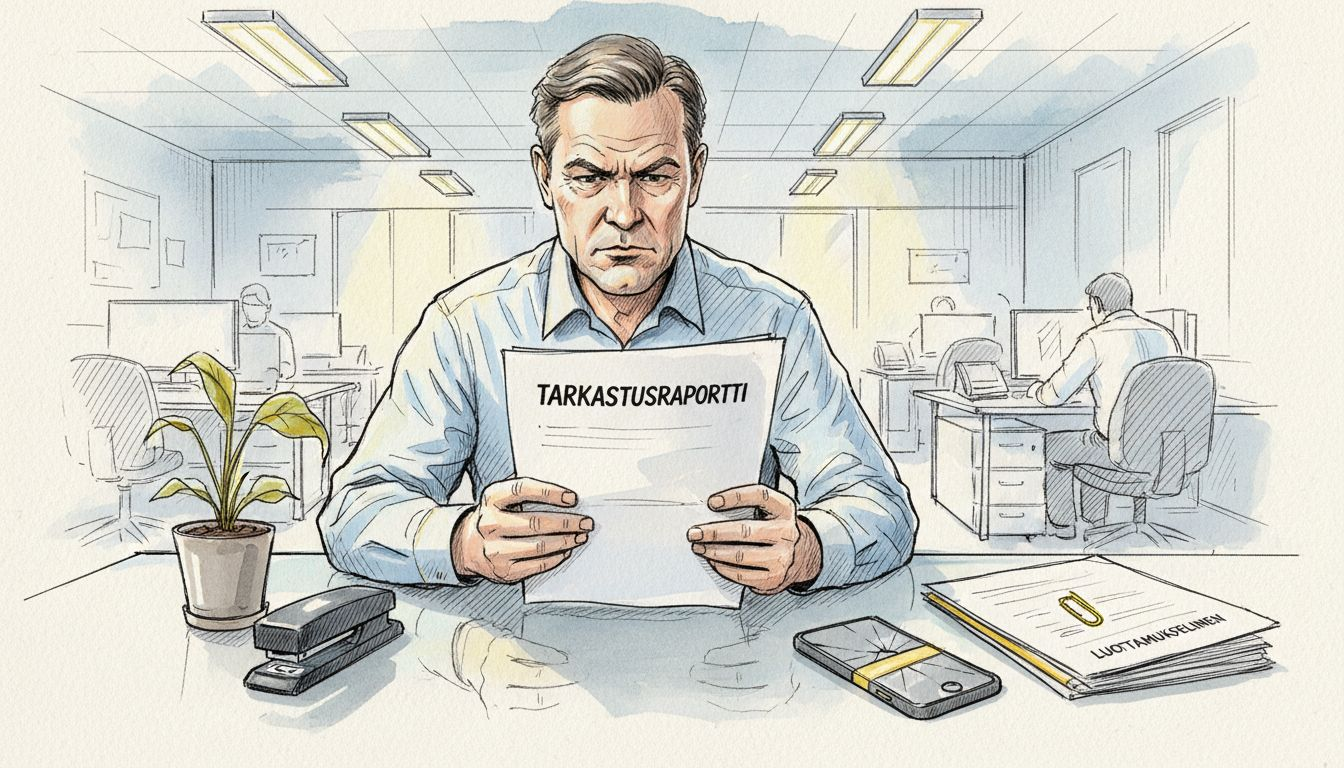 IT-asiantuntija perehtyy tarkastusraporttiin työpöytänsä ääressä.