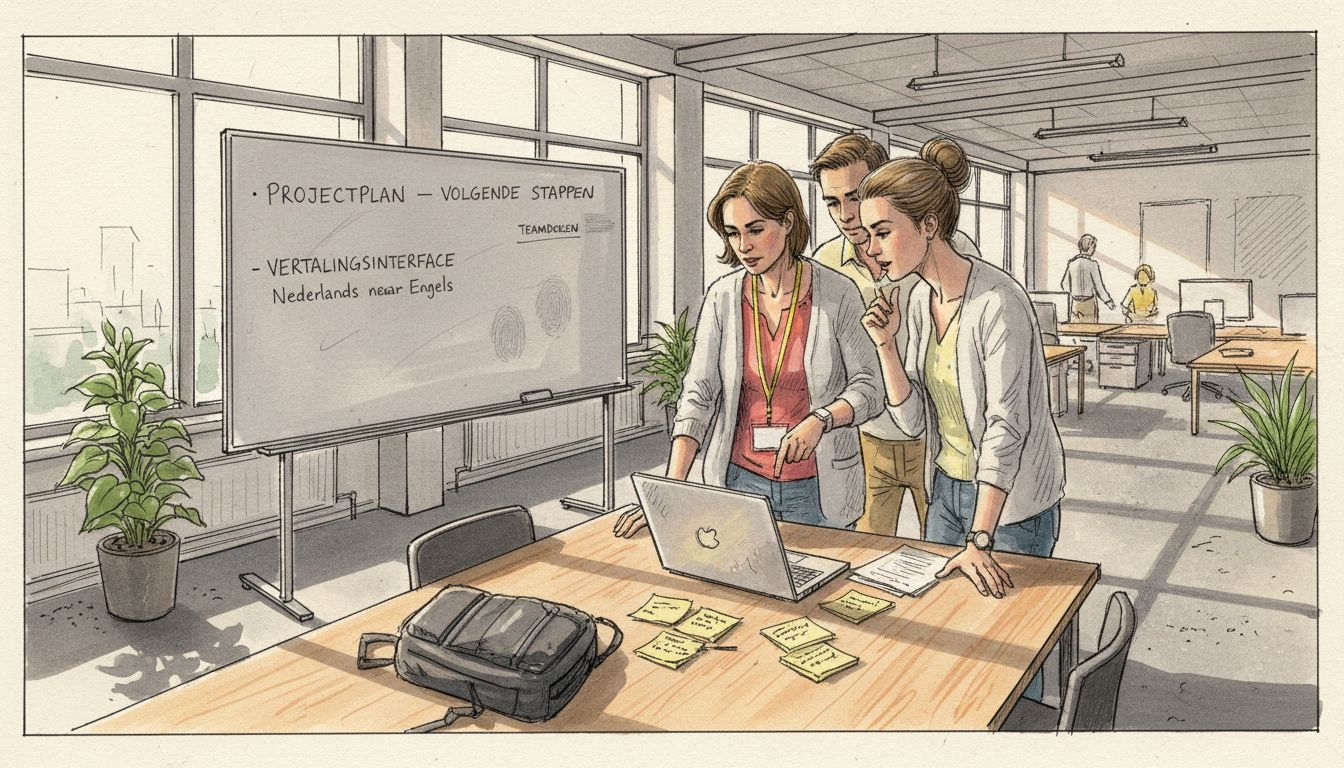 Het team zit samen aan tafel om machinevertaling te bespreken.