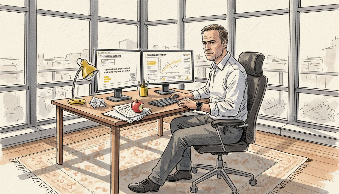 En mand sidder på kontoret og arbejder med oversættelsesteknologi.