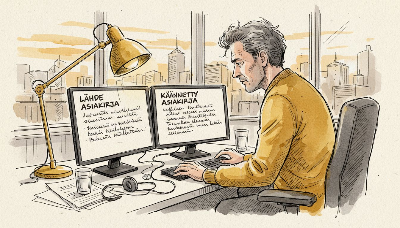 Mies tarkistaa käännöksiä toimiston nurkkahuoneessa