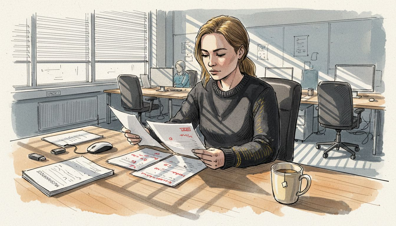 Nainen tarkastelee käännösasiakirjoja työpöytänsä ääressä.