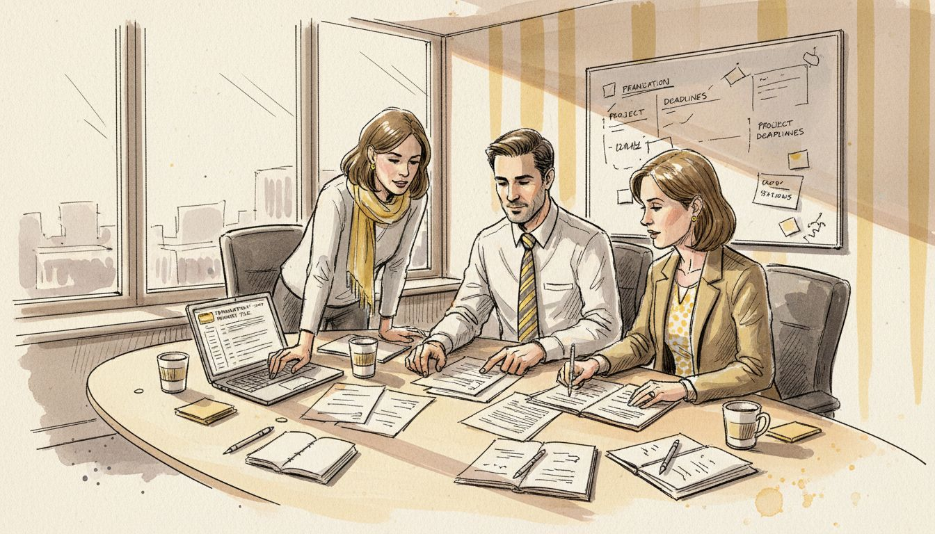 Translation team collaborating in corner office