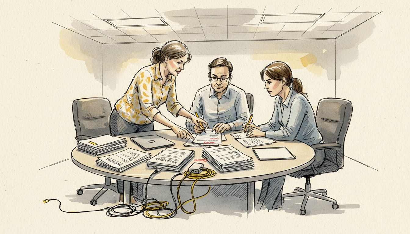 Teamet samtalar om hur de kan skydda dokumenten och säkerställa att informationen hanteras på ett tryggt sätt.