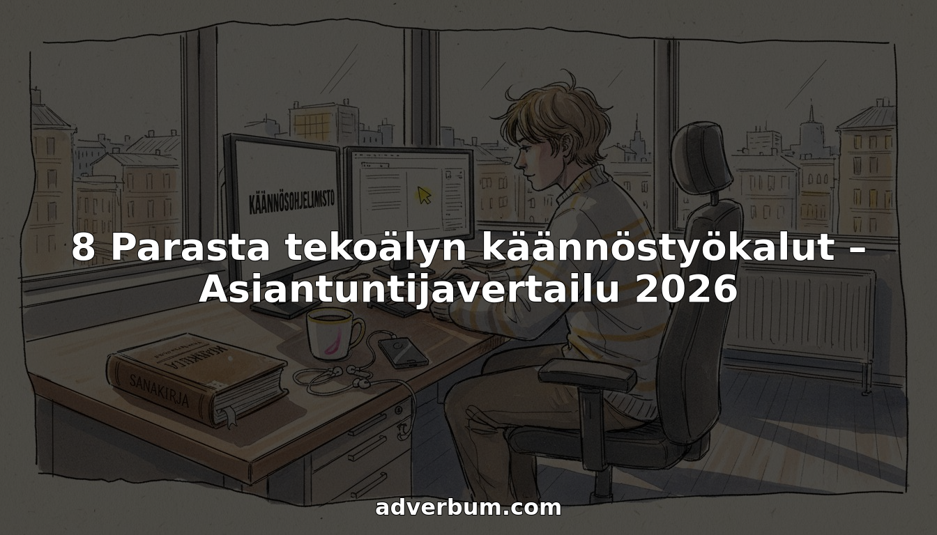 Kääntäjä työpöytänsä ääressä hyödyntämässä useita tekoälyyn pohjautuvia käännöstyökaluja.