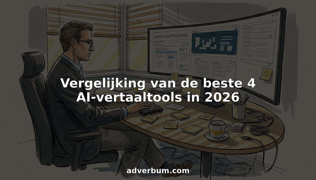 Een projectmanager zit achter zijn bureau en vergelijkt verschillende AI-vertalingsprogramma's om te bepalen welke het beste aansluit bij de behoeften van zijn team.