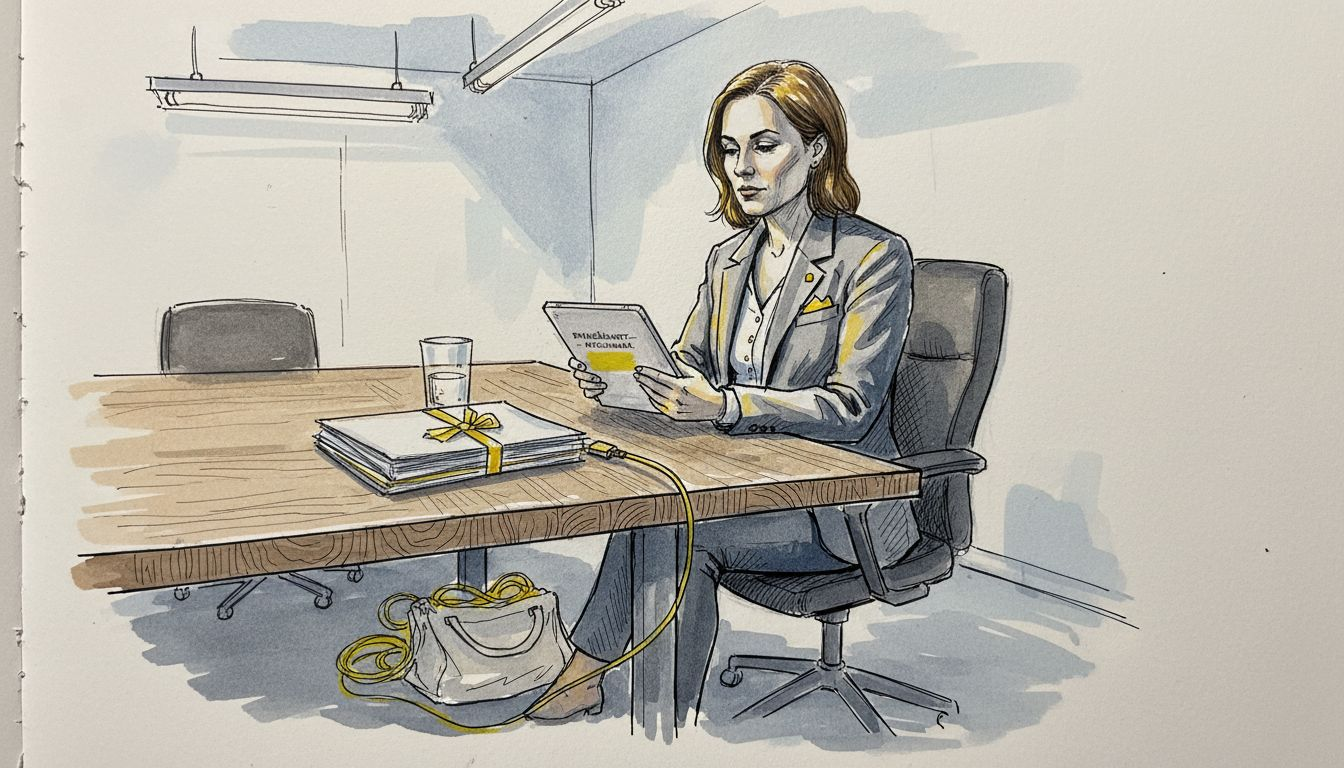 En kvinna går igenom säkerhetsdokument på ett möte.