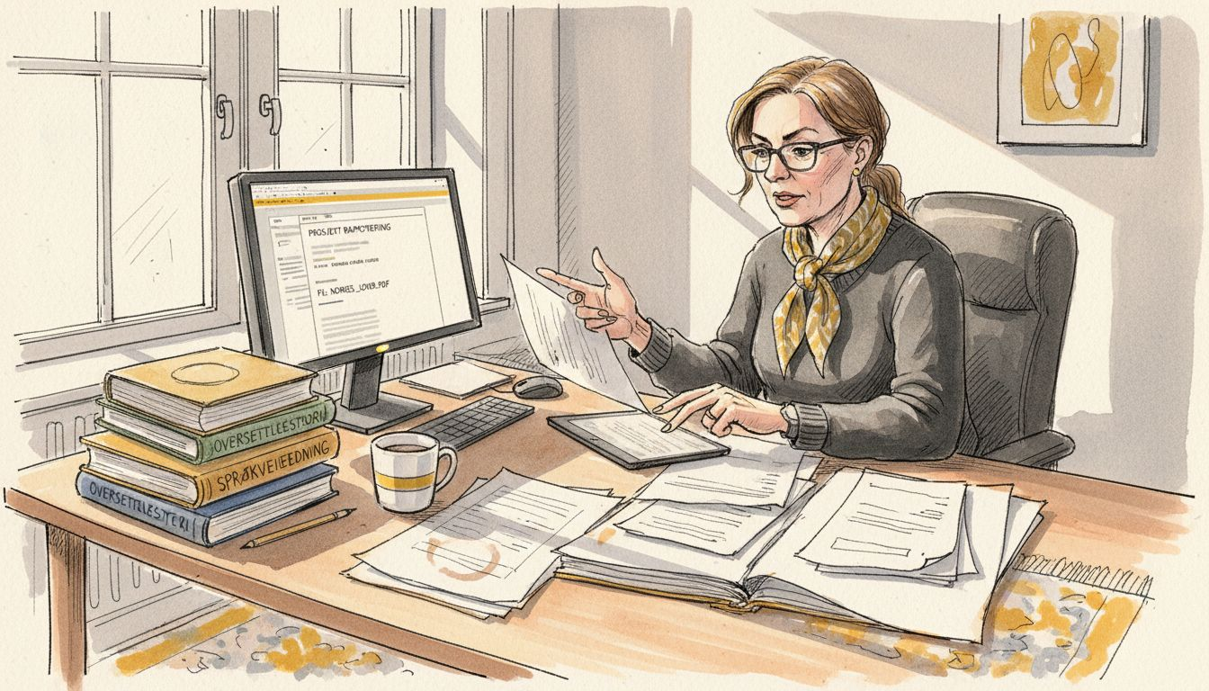 En oversetter sitter og går gjennom dokumenter på et lyst og trivelig kontor med sollys som strømmer inn gjennom vinduene.