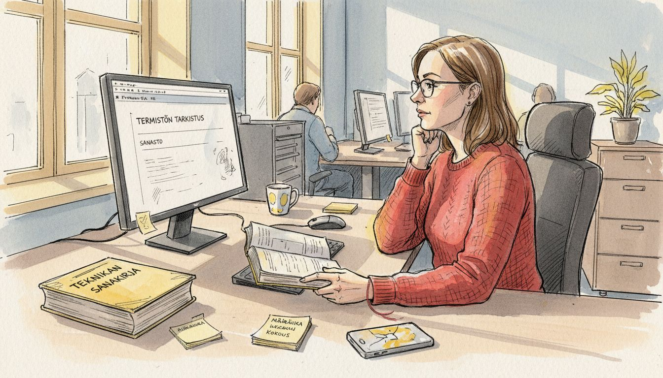 Kääntäjä tarkistaa teknisiä termejä vilkkaassa toimistossa.