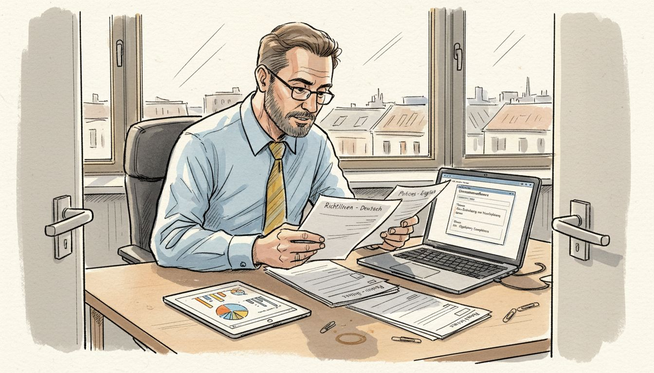 Ein Manager prüft Übersetzungsunterlagen am Schreibtisch im Büro.