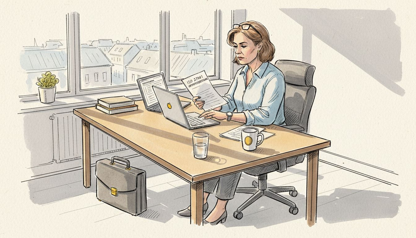 Een vertaler verdiept zich op kantoor in de richtlijnen van ISO 27001.