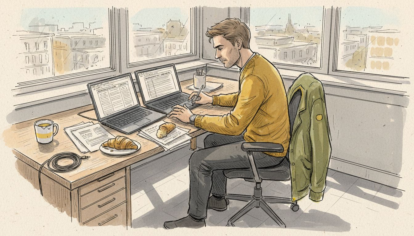 In einem lebhaften Großraumbüro sitzt ein Übersetzer, der gleichzeitig an zwei Laptops arbeitet und konzentriert zwischen den Bildschirmen hin- und herwechselt.