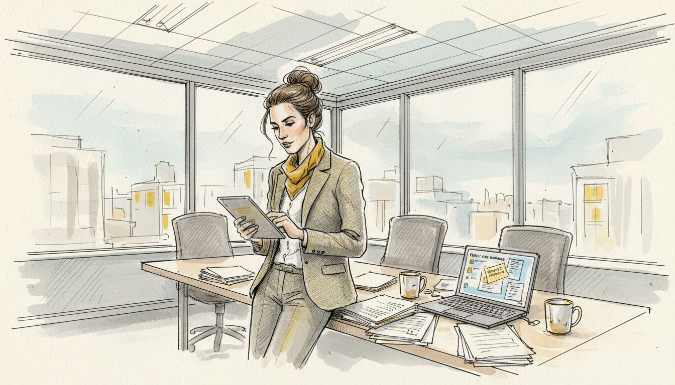 Manager reviewing compliance documents in corner office