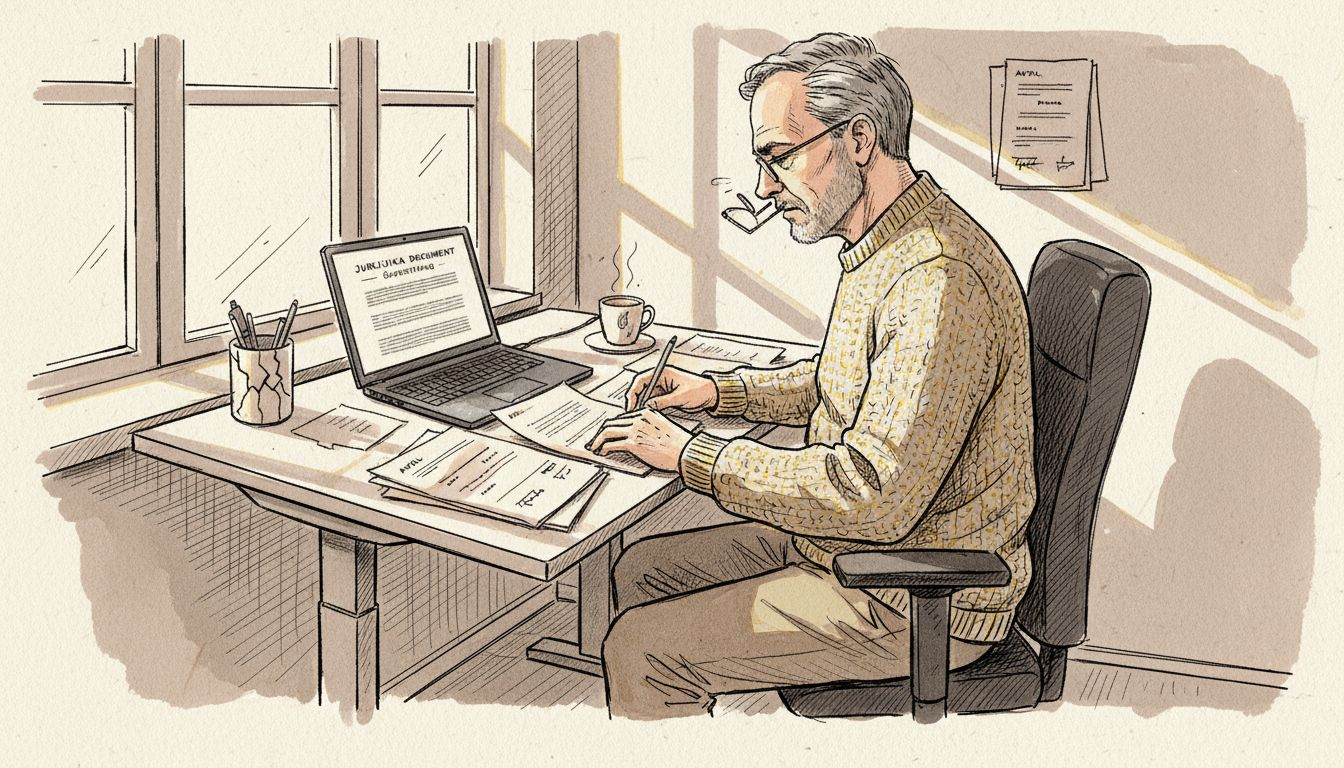 En översättare sitter och går igenom dokument på sitt lilla kontor i hörnet.