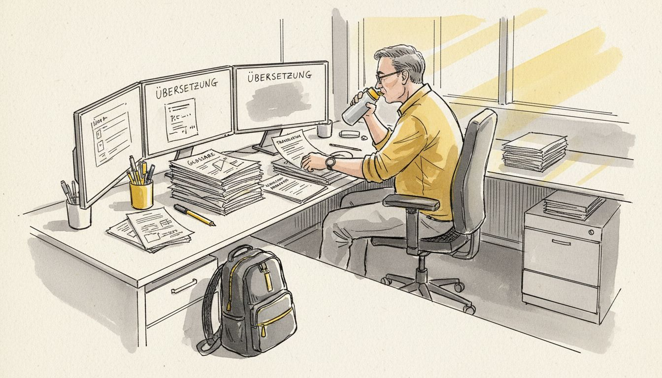Ein Mann sortiert Übersetzungsunterlagen in seinem Büro und bringt Ordnung in seine Arbeitsmaterialien.