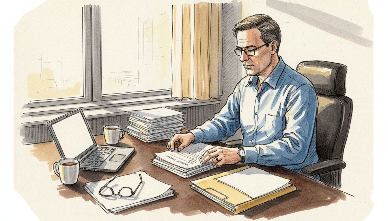 En jurist går igenom och sorterar viktiga papper på sitt kontor.