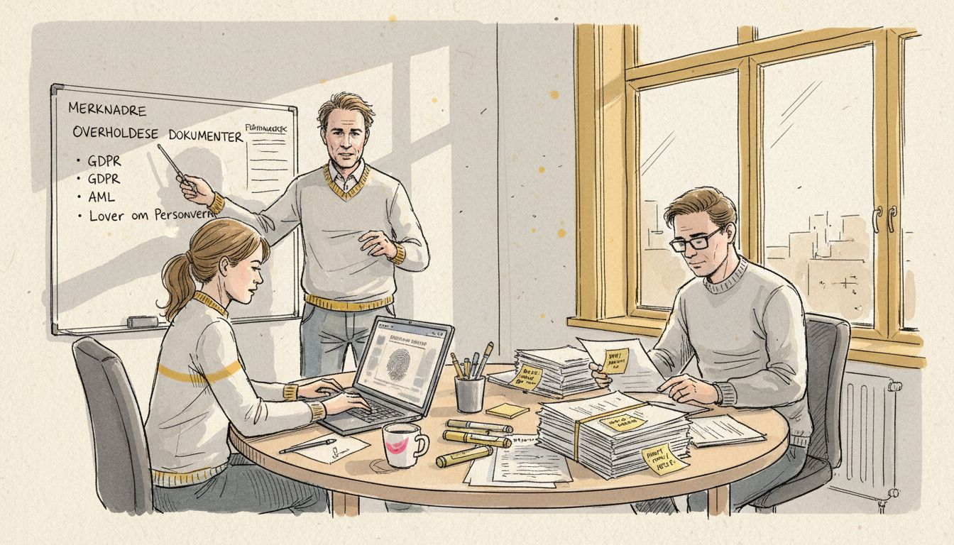 Oversettere og leder går gjennom dokumenter sammen på kontoret.