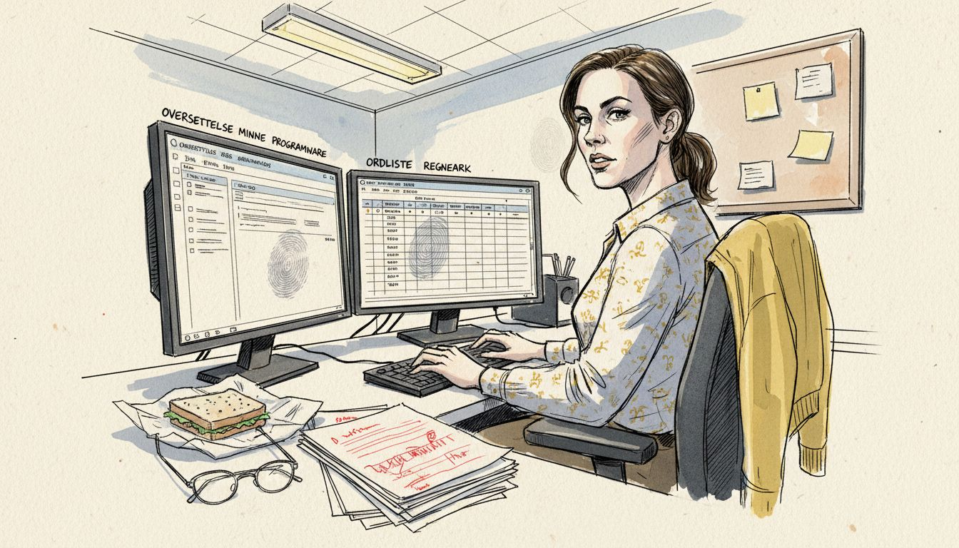Kvinne sitter ved pulten og sammenligner ulike oversettelsesminner
