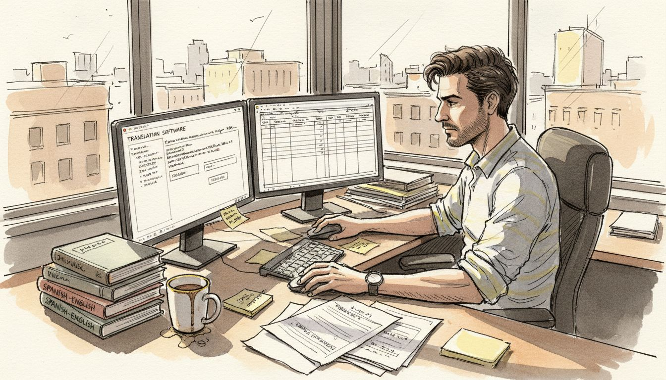 Manager reviewing translation memory on dual monitors