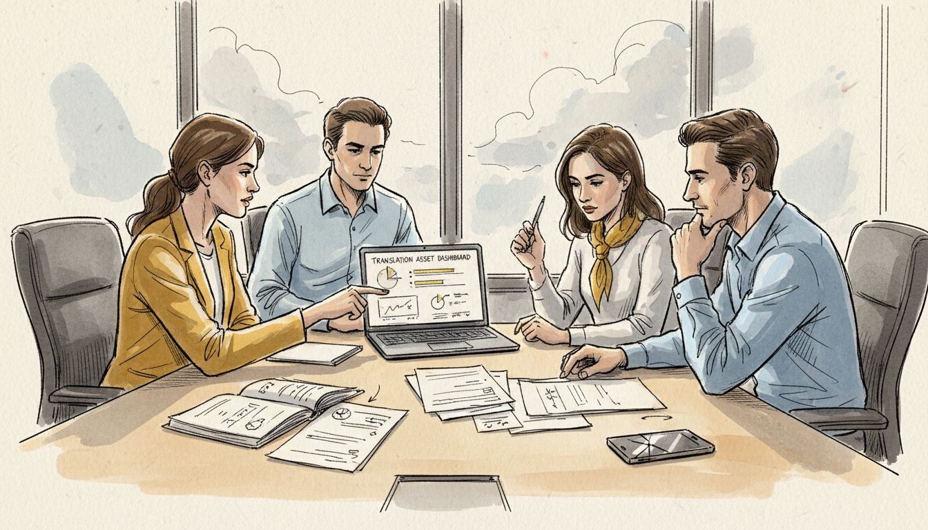 Team meeting discussing translation asset platform