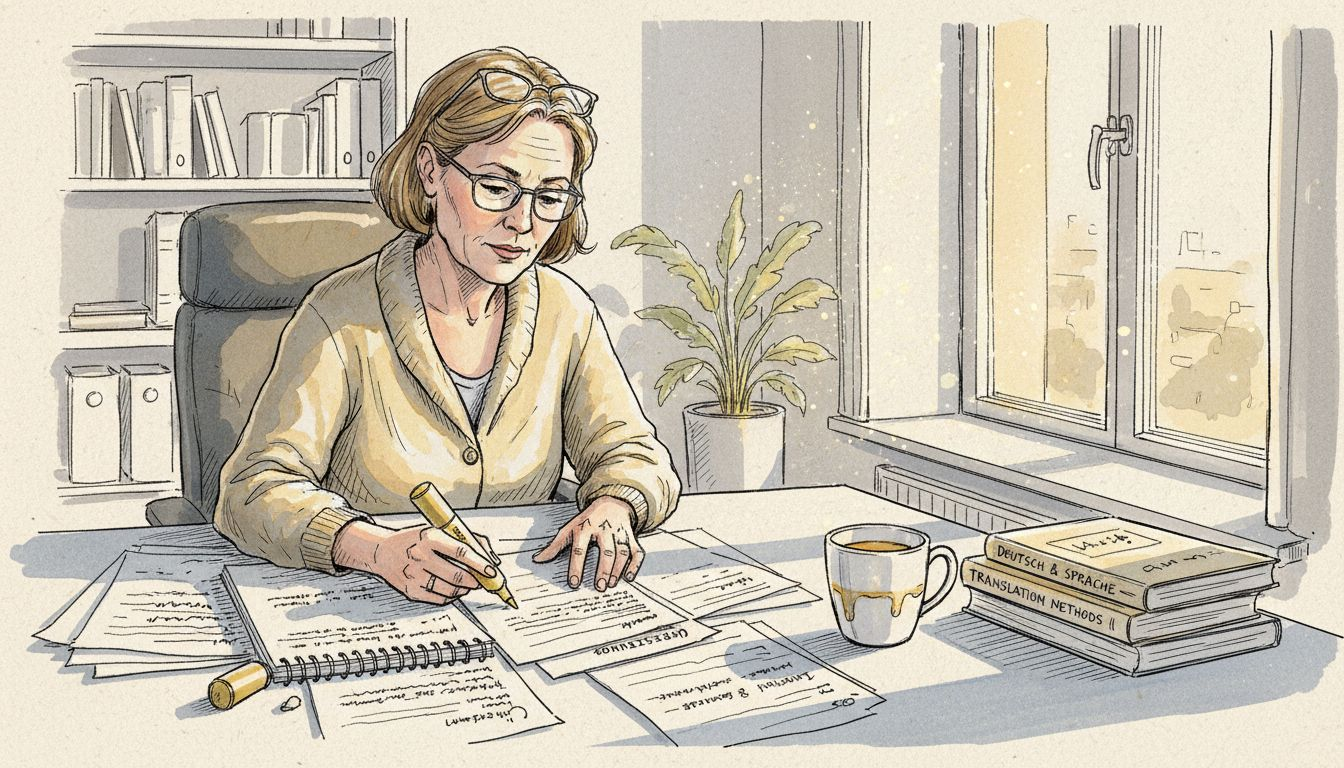 Eine Sprachwissenschaftlerin prüft Übersetzungsdokumente sorgfältig an ihrem Schreibtisch.