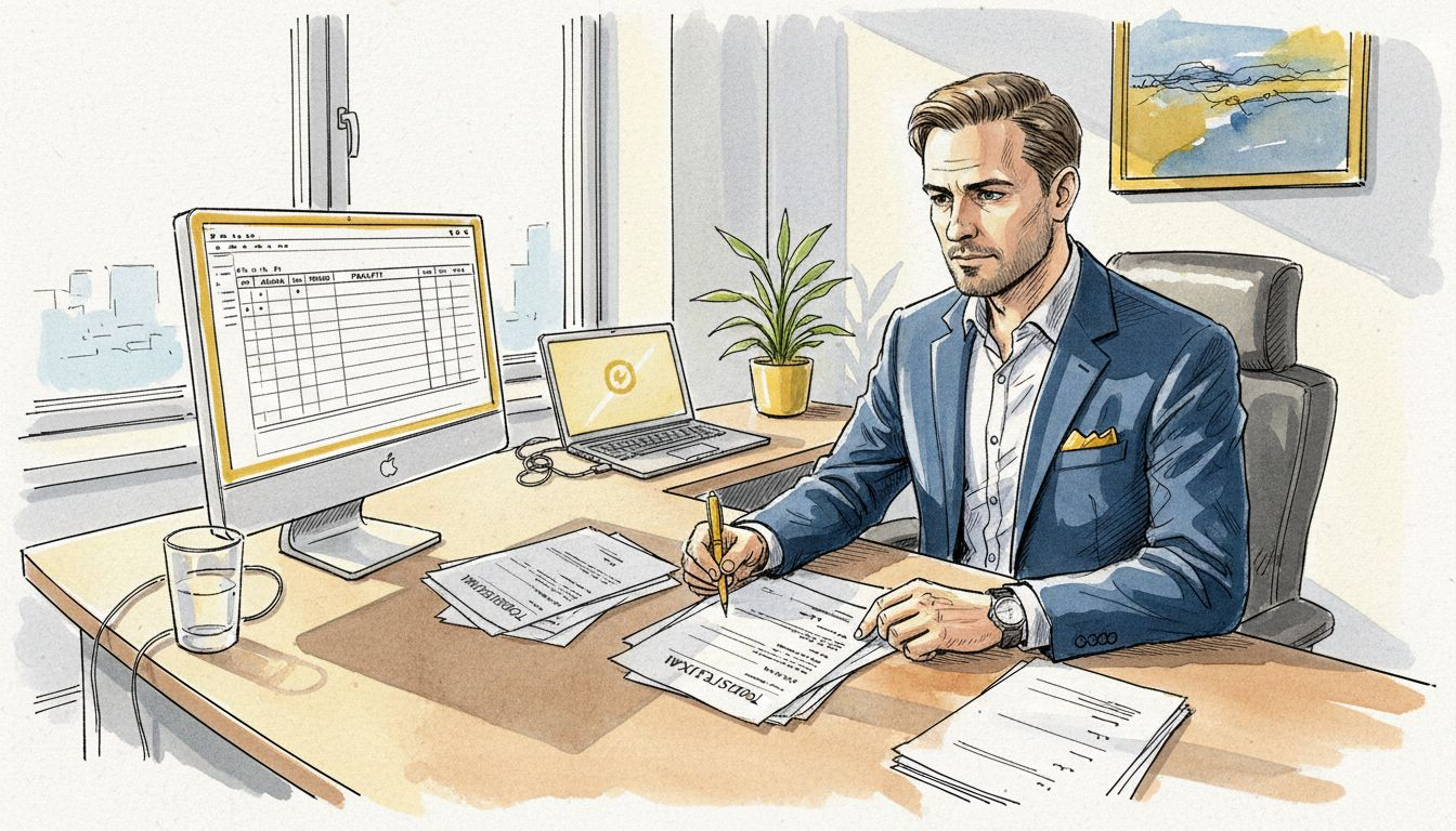 Esimies käy läpi käännöstodistuksia työpöytänsä äärellä.