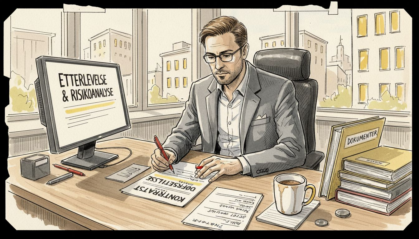 En compliance-ansvarlig går nøye gjennom en oversettelse ved skrivebordet.