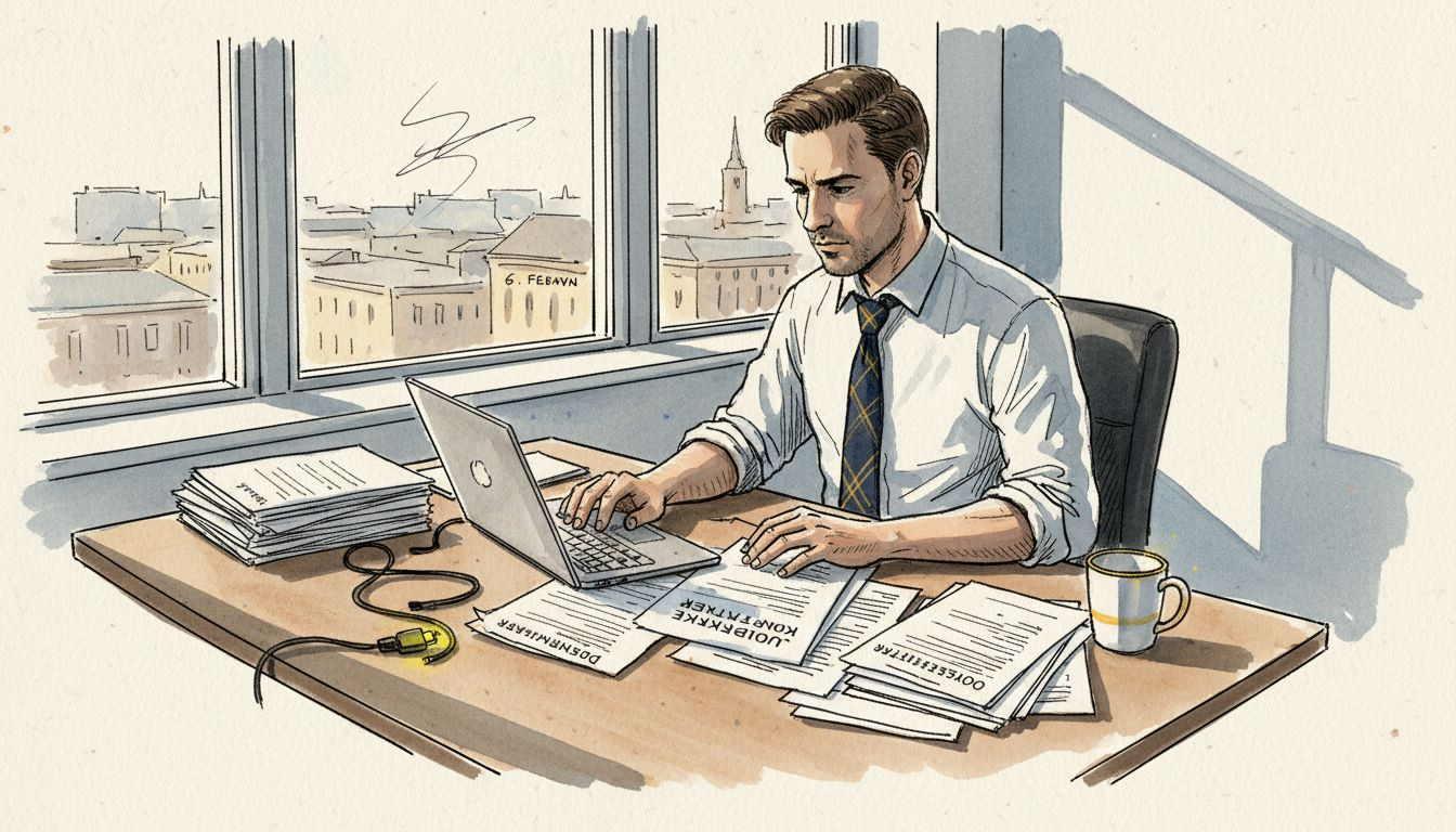 Oversætteren sidder ved sit rodede skrivebord, omgivet af papirer, bøger og kaffekopper.