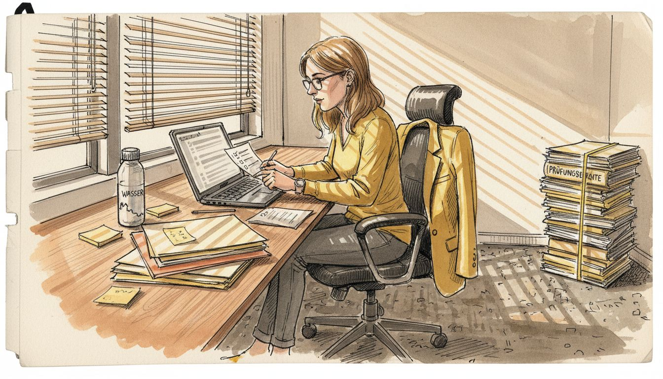 Eine Mitarbeiterin überprüft am Schreibtisch eine Checkliste zur Einhaltung von Vorschriften.