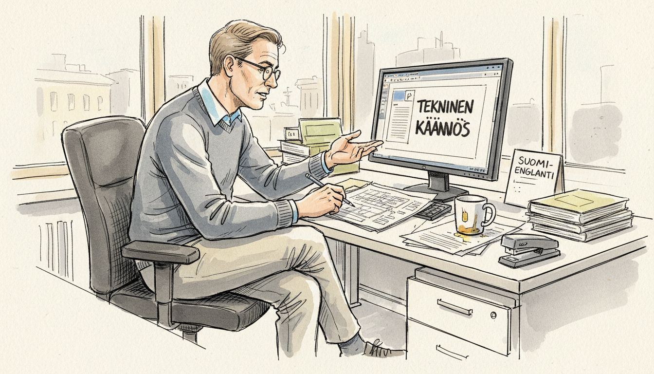Käännösalan ammattilainen työskentelee teknisten asiakirjojen parissa.