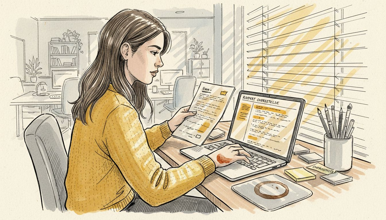 Oversetteren går nøye gjennom arbeidet sitt ved skrivebordet for å sikre at kvaliteten er på topp.