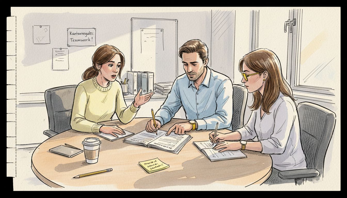 Het auditteam loopt samen in het kantoor de ISO-checklist door.