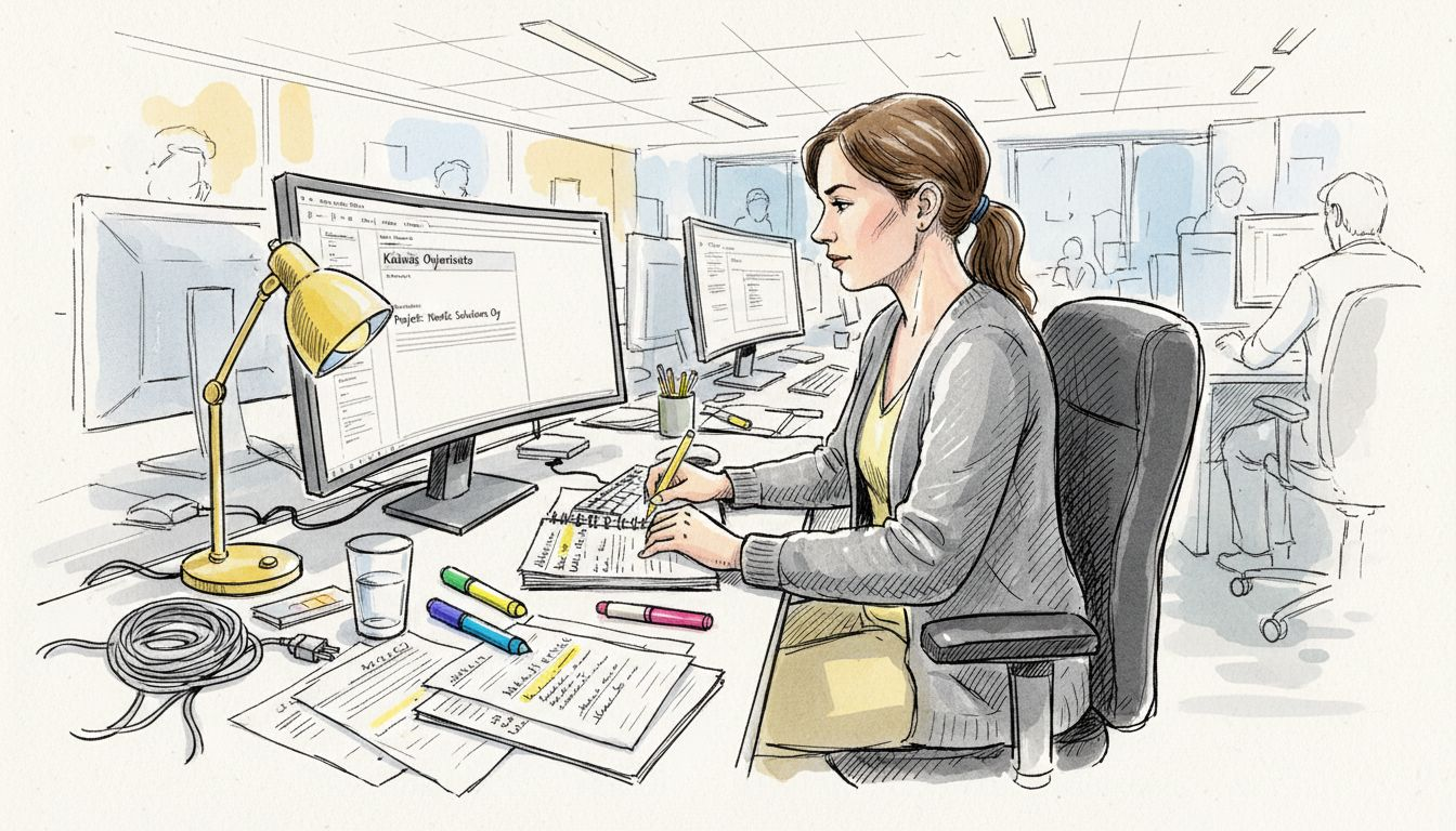 Kääntäjä työskentelee pöytänsä äärellä hyödyntäen erilaisia työvälineitä ja muistiinpanoja sujuvan työnkulun varmistamiseksi.