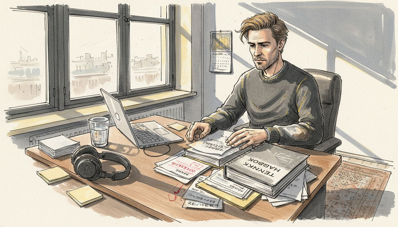 En oversetter sitter på kontoret og blar i en referansebok mens sola strømmer inn gjennom vinduet.