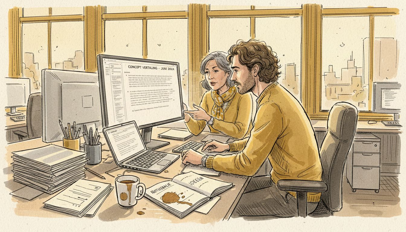 Het vertaalteam werkt gezamenlijk achter de computer aan projecten.